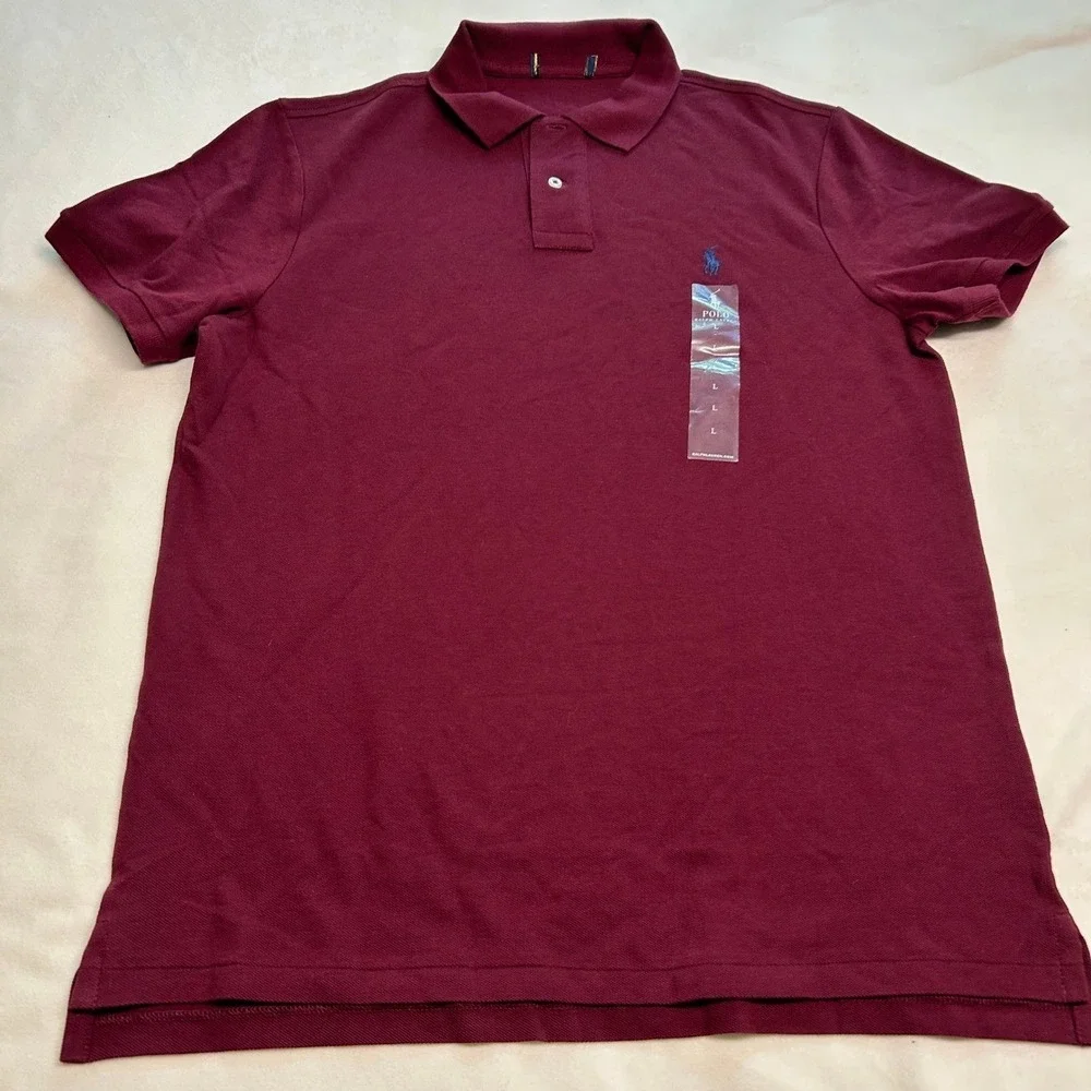 Polo Ralph Lauren Men Short Sleeve Pique Polo Shirt Burgundy Maroon Blue Pony L
